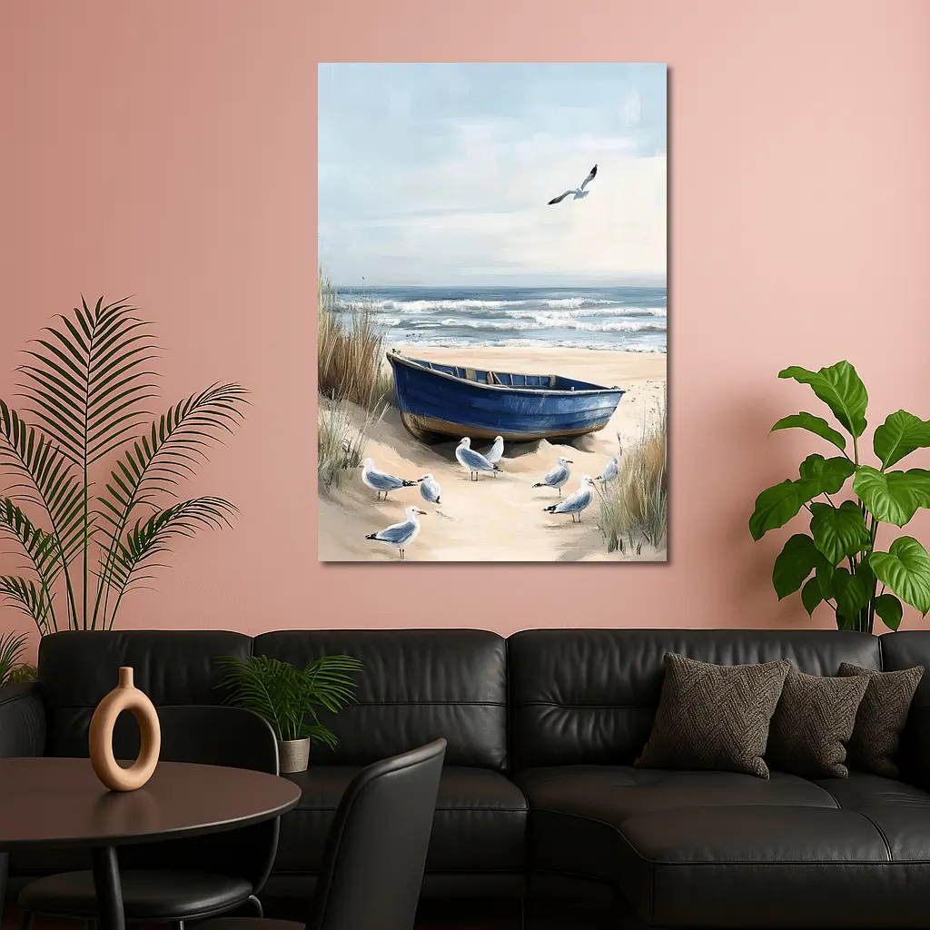 Blue Rowboat Beach Seagulls Ocean Painting – Wall Art