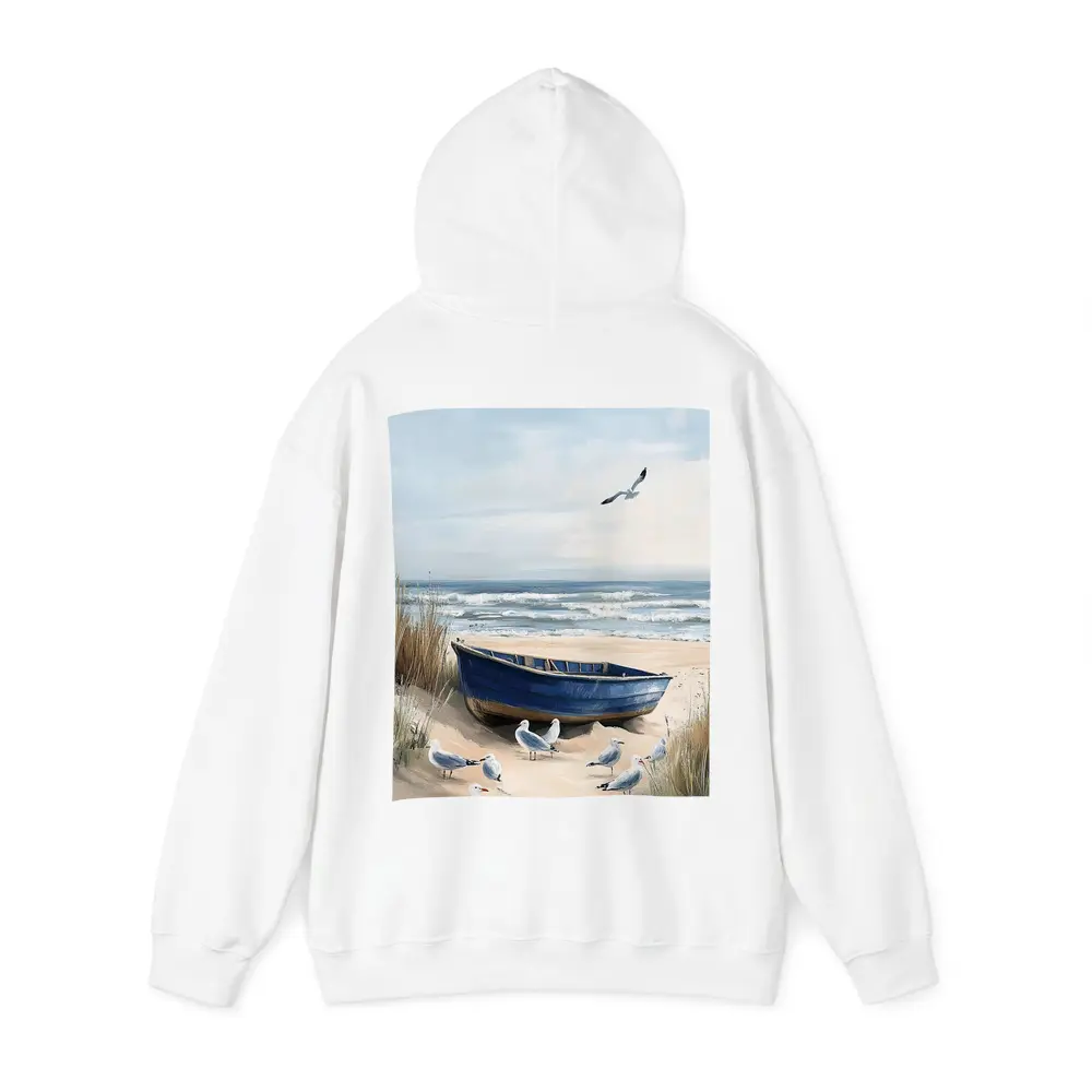 Blue Rowboat Beach Seagulls Ocean Painting – Hoodies
