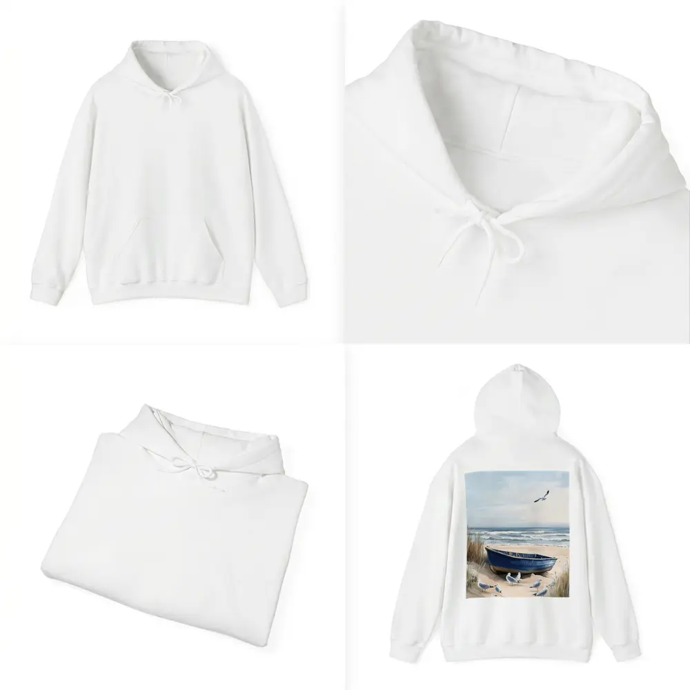 Blue Rowboat Beach Seagulls Ocean Painting – Hoodies