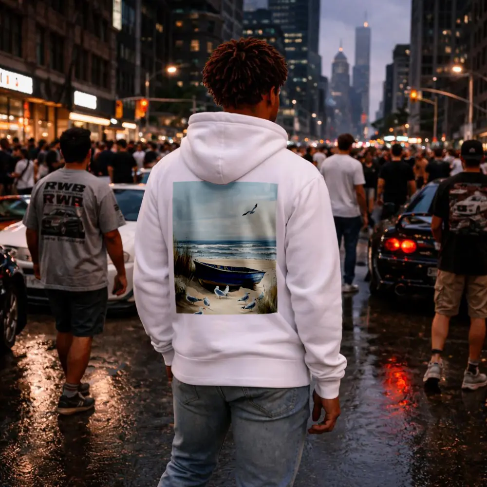 Blue Rowboat Beach Seagulls Ocean Painting – Hoodies
