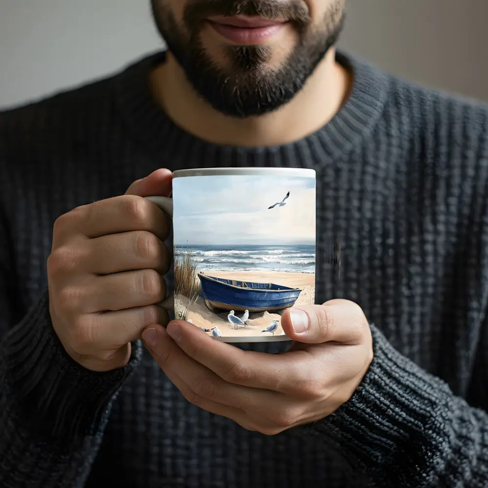 Blue Rowboat Beach Seagulls Ocean Painting – Mugs