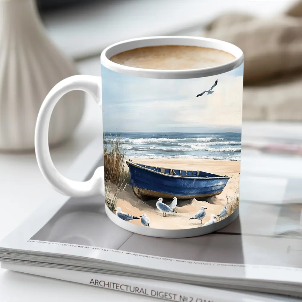Blue Rowboat Beach Seagulls Ocean Painting – Mugs