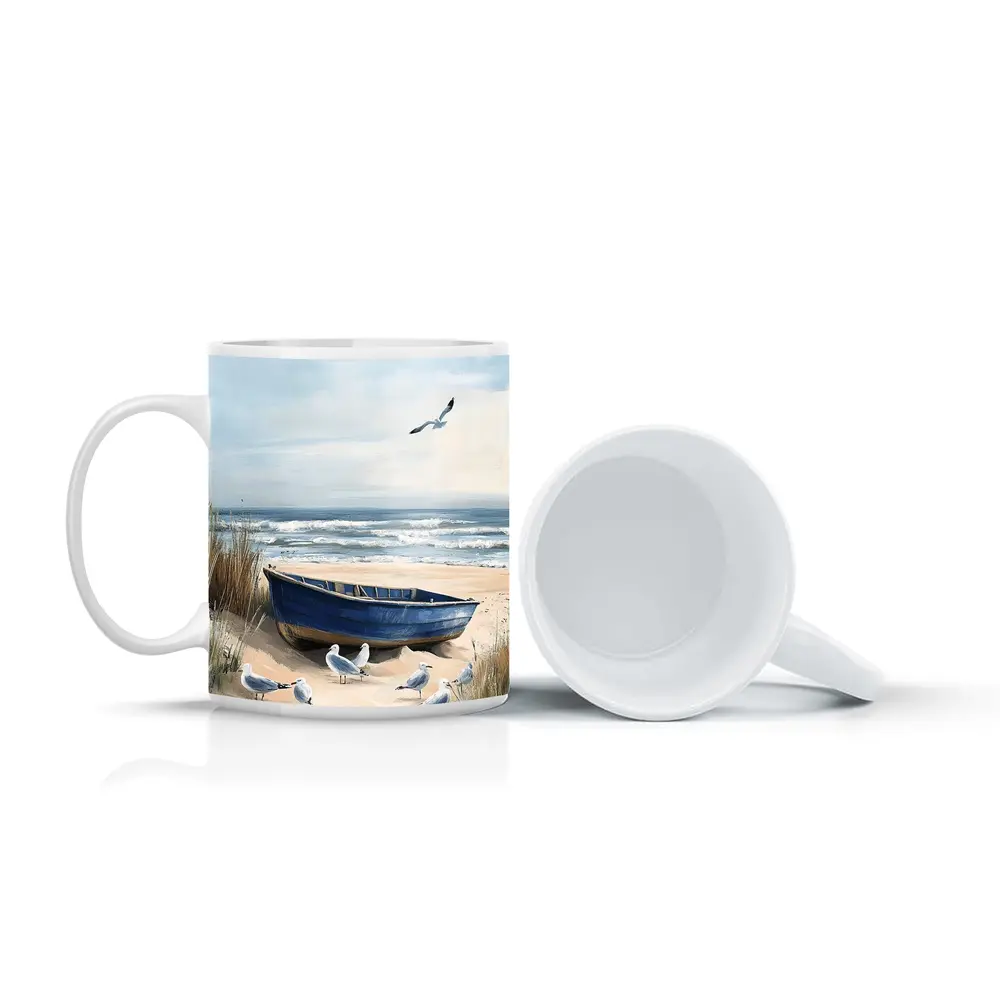 Blue Rowboat Beach Seagulls Ocean Painting – Mugs