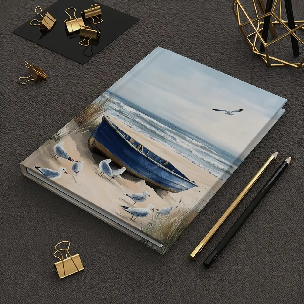 Blue Rowboat Beach Seagulls Ocean Painting – Notebooks