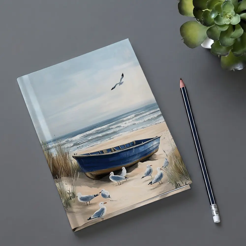 Blue Rowboat Beach Seagulls Ocean Painting – Notebooks