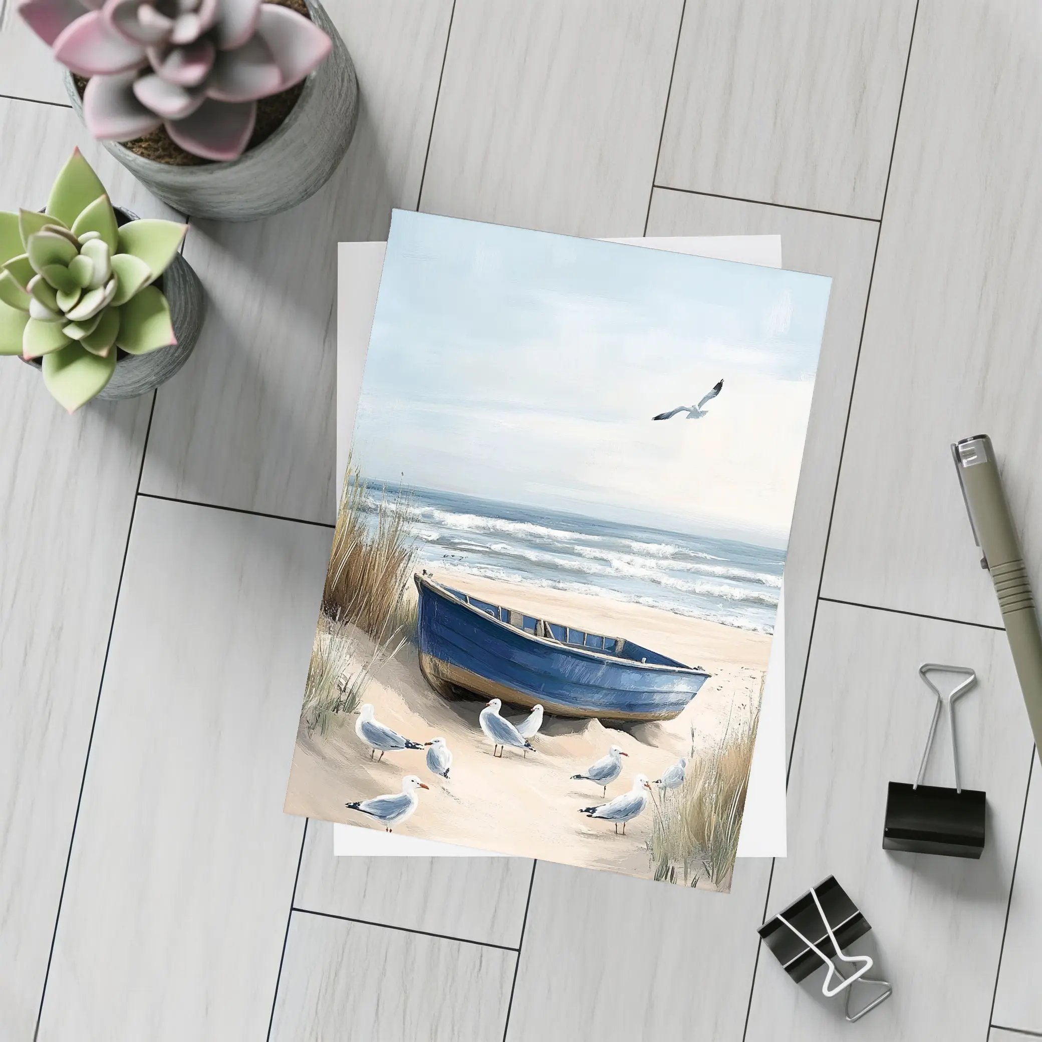 Blue Rowboat Beach Seagulls Ocean Painting – Postcards