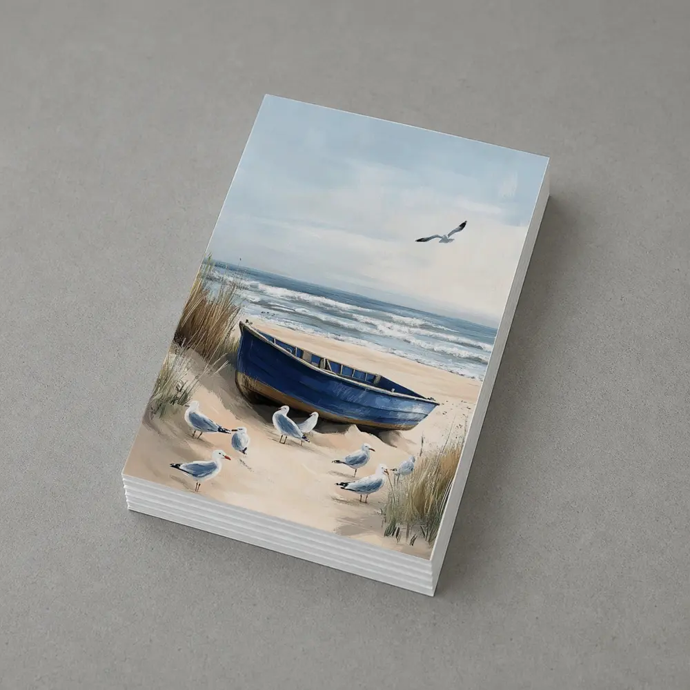 Blue Rowboat Beach Seagulls Ocean Painting – Postcards
