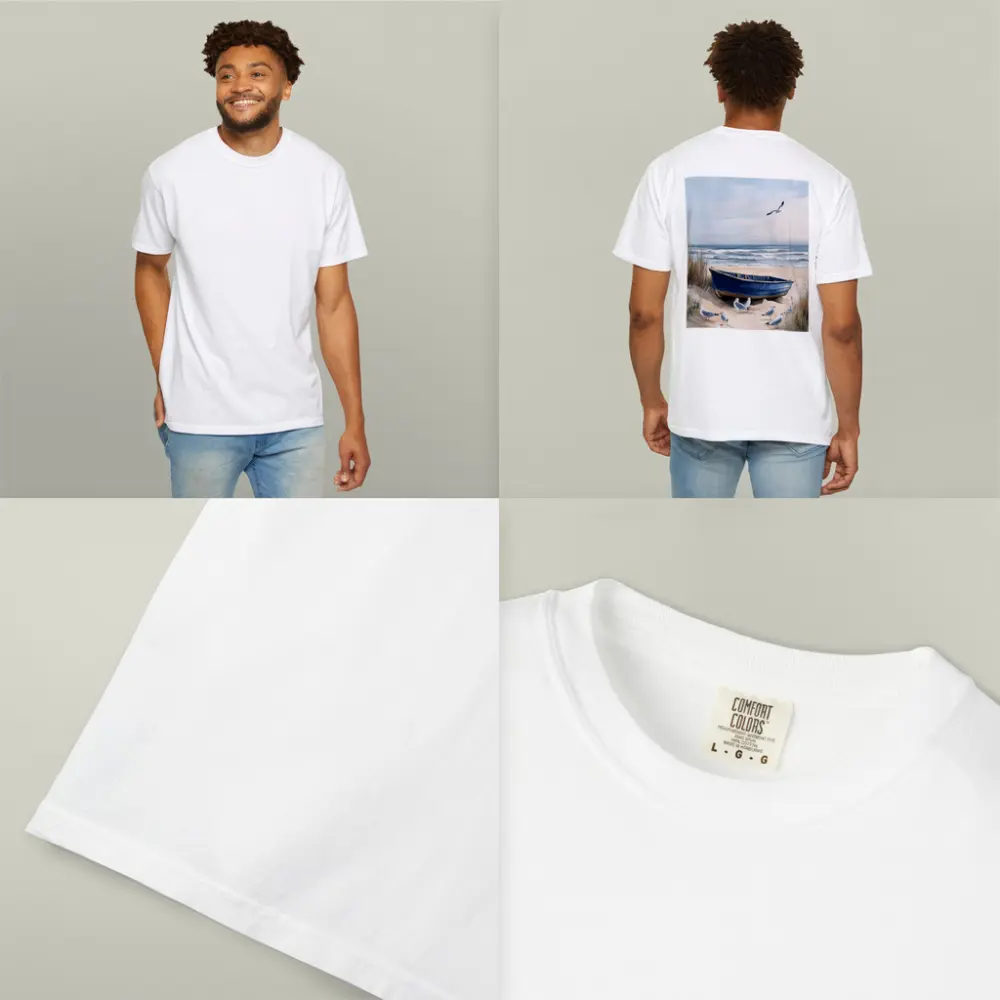 Blue Rowboat Beach Seagulls Ocean Painting – T-Shirts