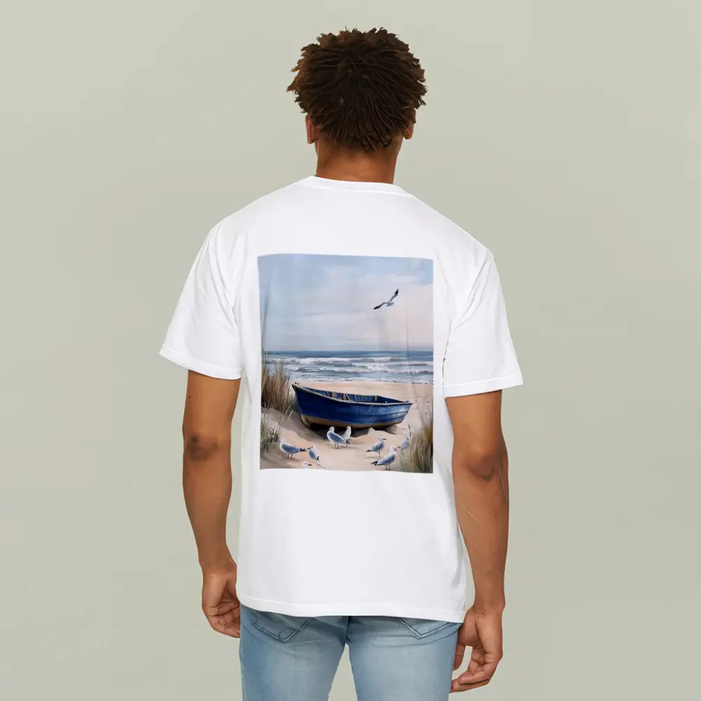 Blue Rowboat Beach Seagulls Ocean Painting – T-Shirts
