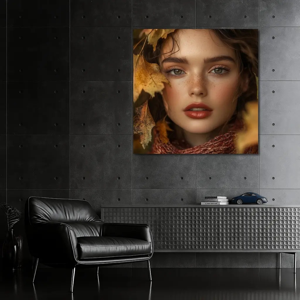 Young Woman Portrait Autumn Leaves Background – Wall Art
