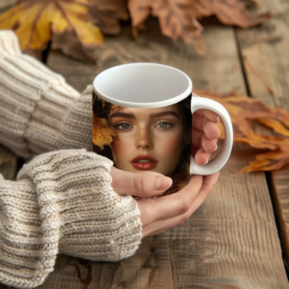 Young Woman Portrait Autumn Leaves Background – Mugs