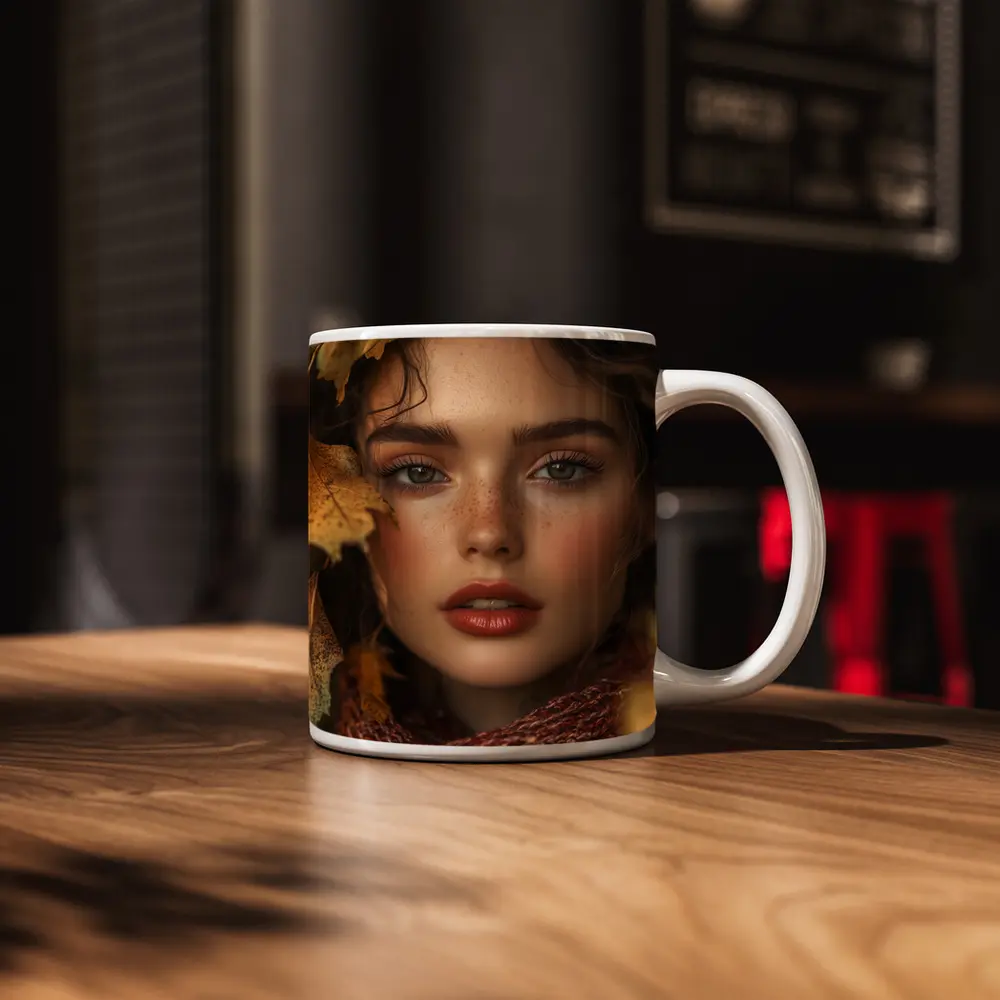 Young Woman Portrait Autumn Leaves Background – Mugs
