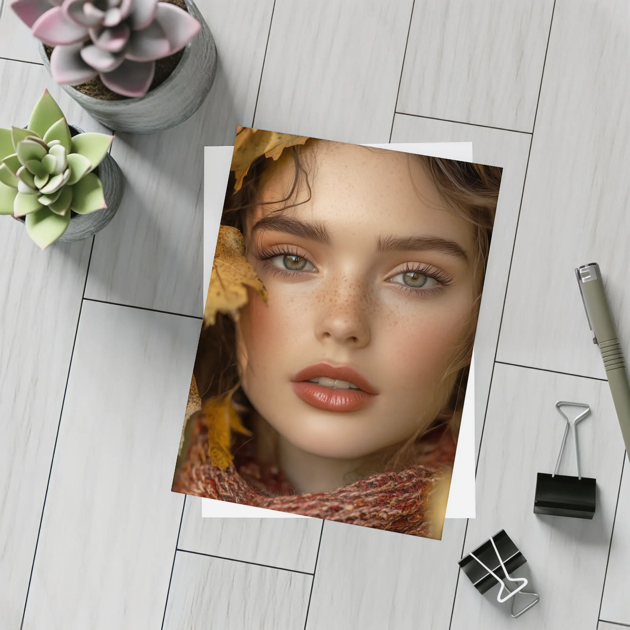 Young Woman Portrait Autumn Leaves Background – Postcards