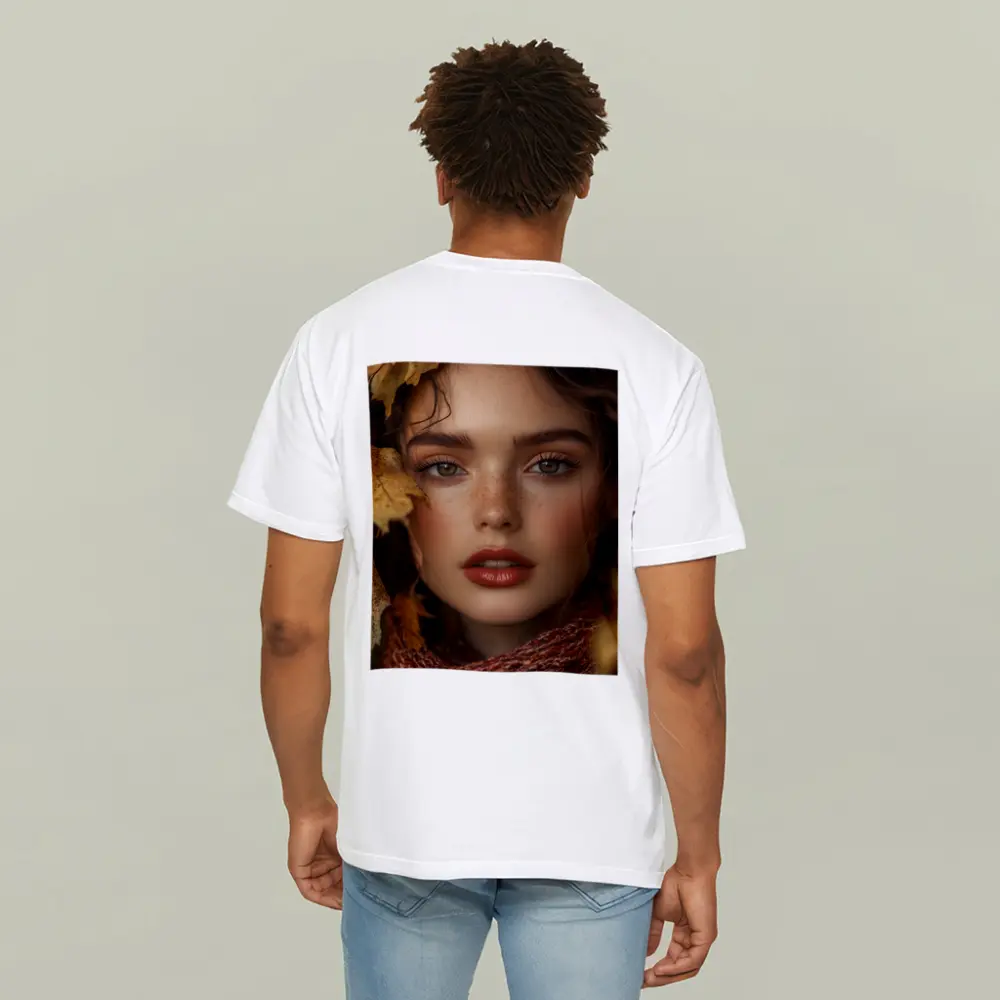 Young Woman Portrait Autumn Leaves Background – T-Shirts