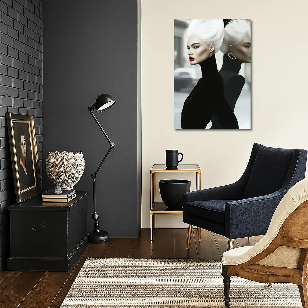Fashion Woman White Hair Black Outfit City – Wall Art