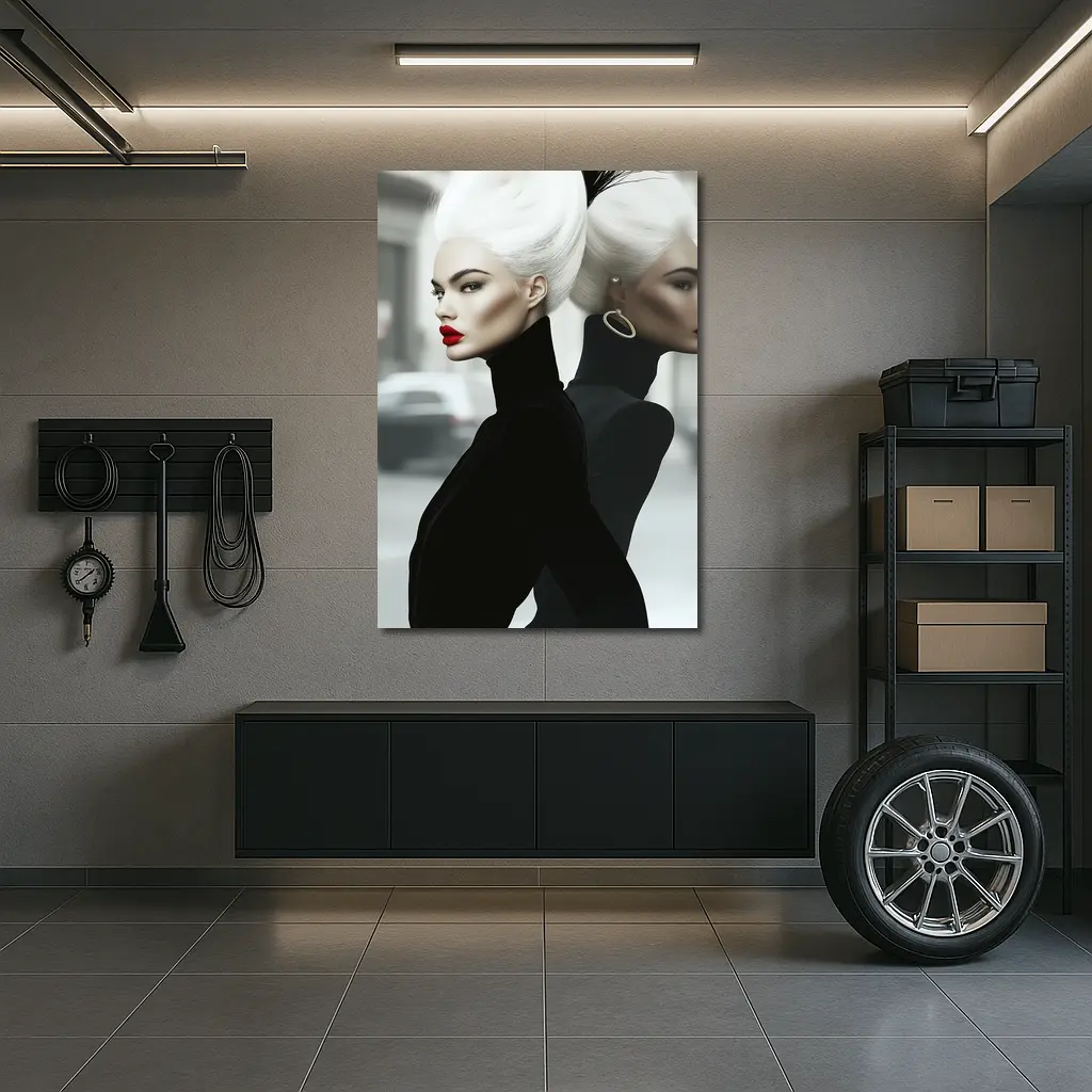 Fashion Woman White Hair Black Outfit City – Wall Art