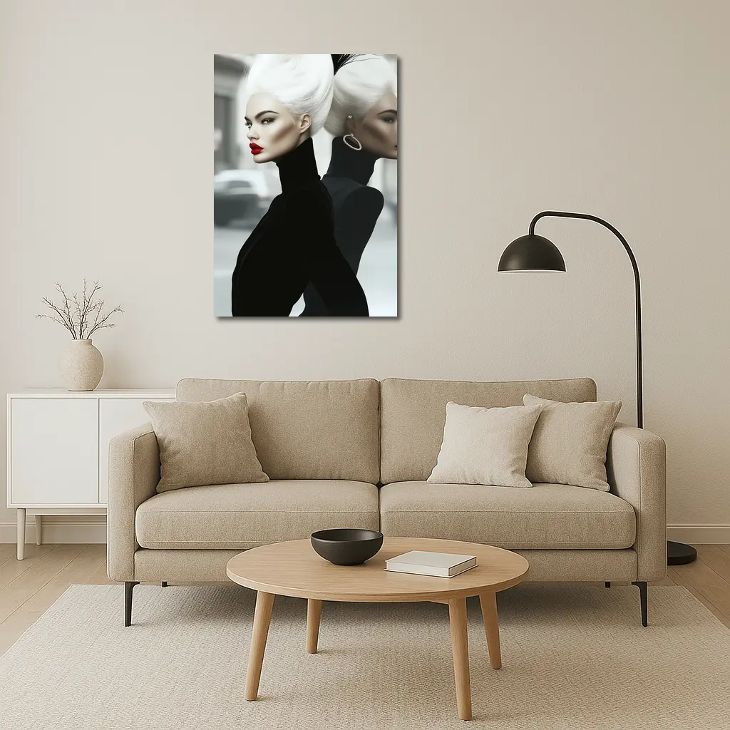 Fashion Woman White Hair Black Outfit City – Wall Art