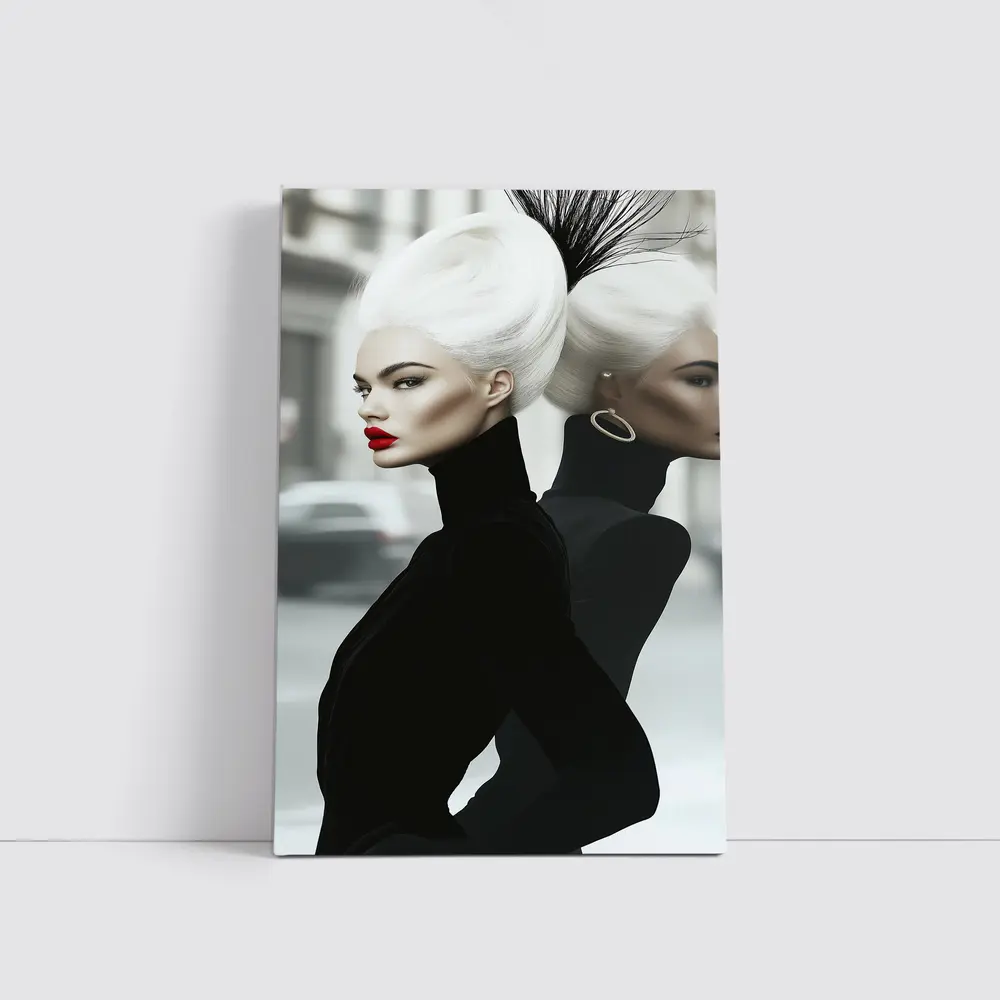 Fashion Woman White Hair Black Outfit City – Wall Art