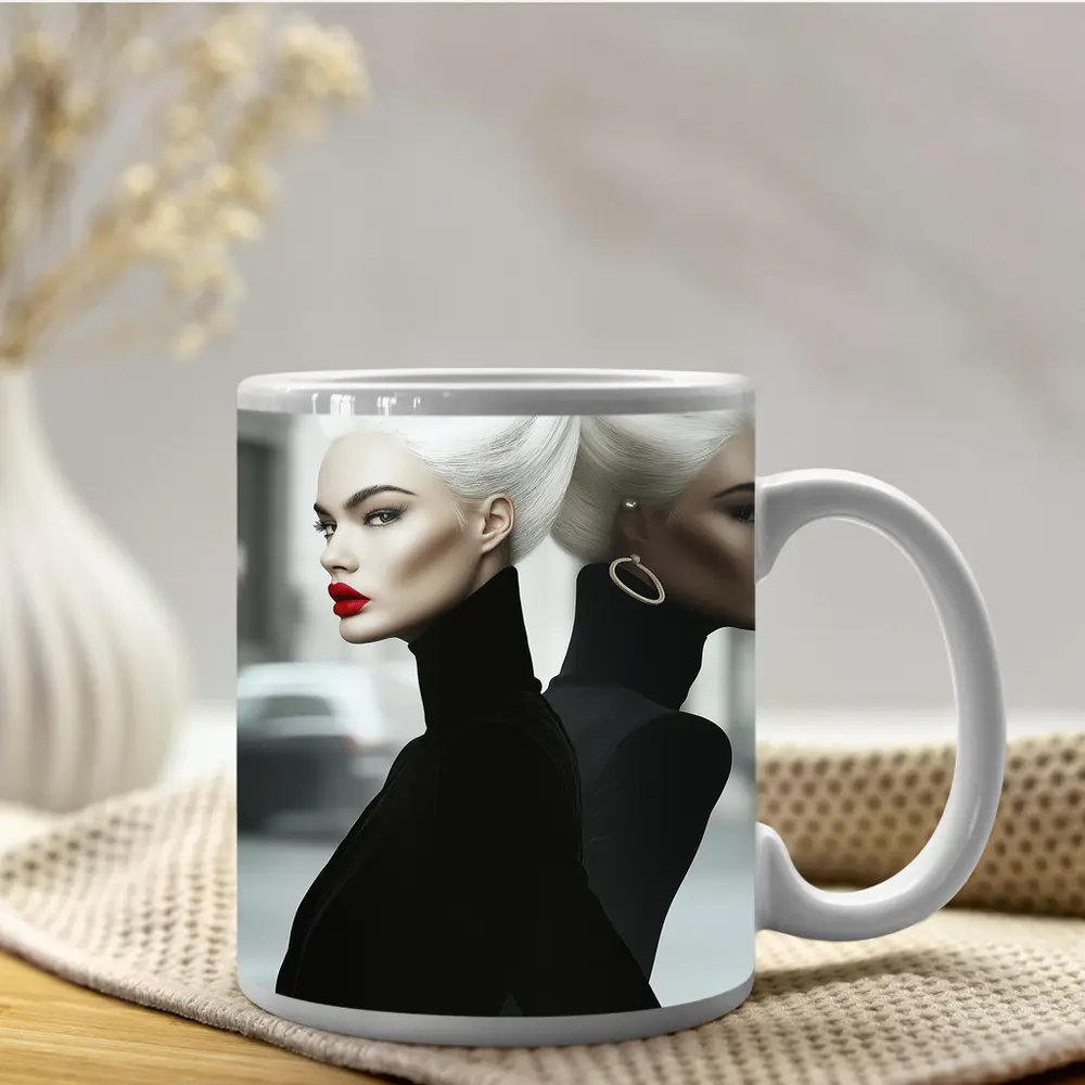 Fashion Woman White Hair Black Outfit City – Mugs