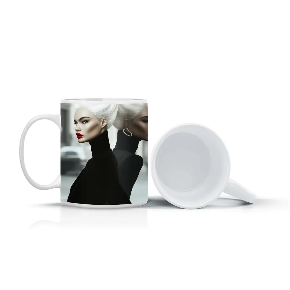 Fashion Woman White Hair Black Outfit City – Mugs