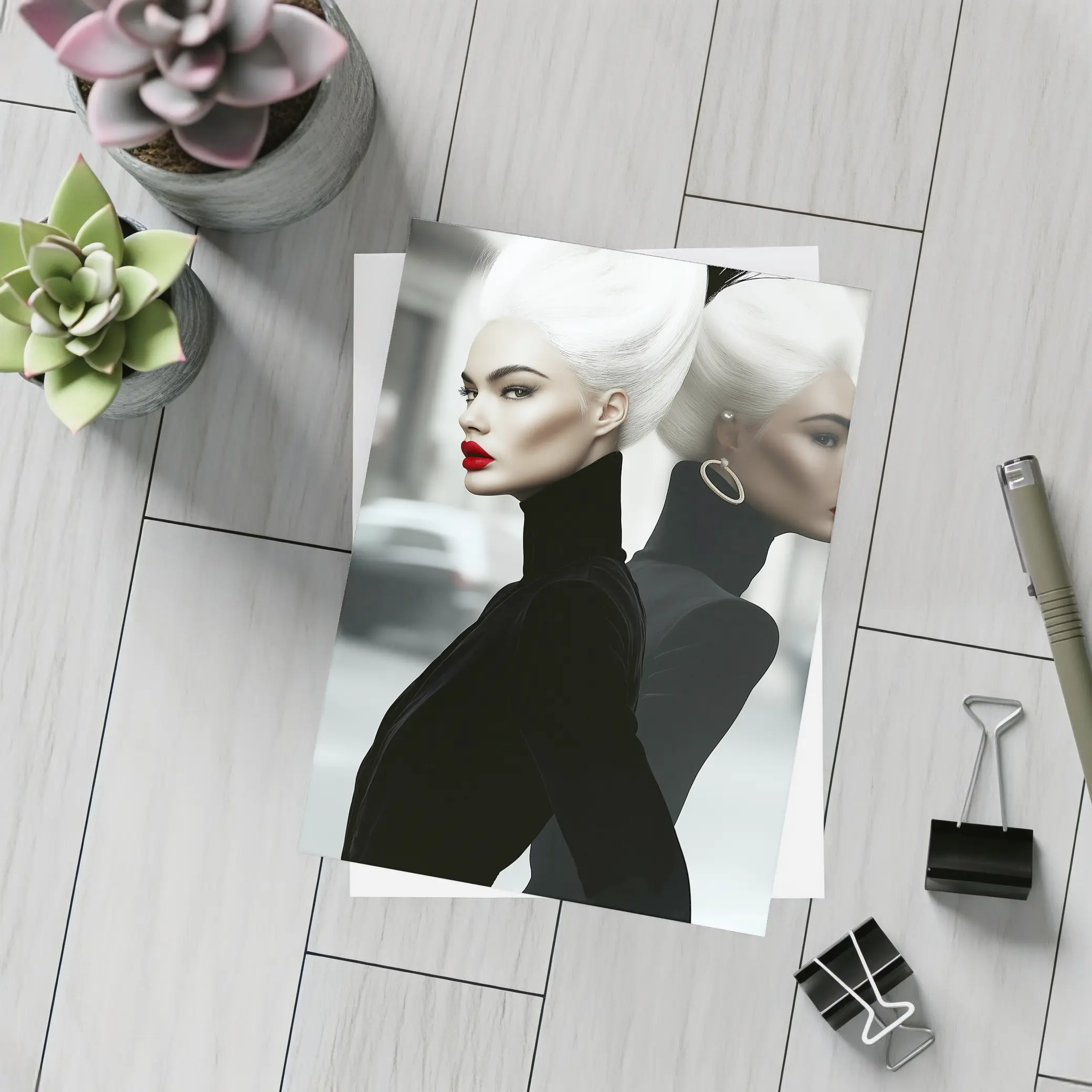 Fashion Woman White Hair Black Outfit City – Postcards