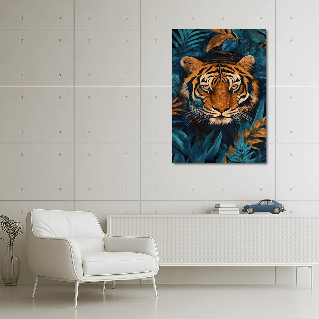 Tiger Face Deep Blue Jungle Foliage Art – Wall Art