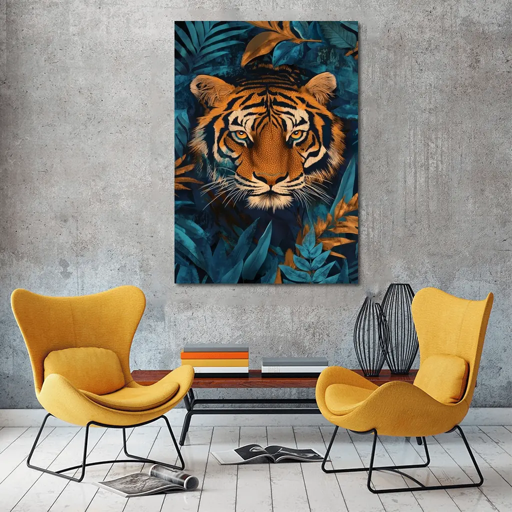 Tiger Face Deep Blue Jungle Foliage Art – Wall Art