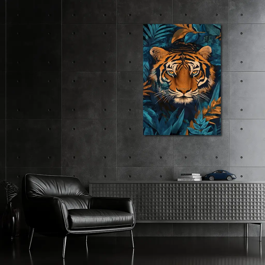 Tiger Face Deep Blue Jungle Foliage Art – Wall Art