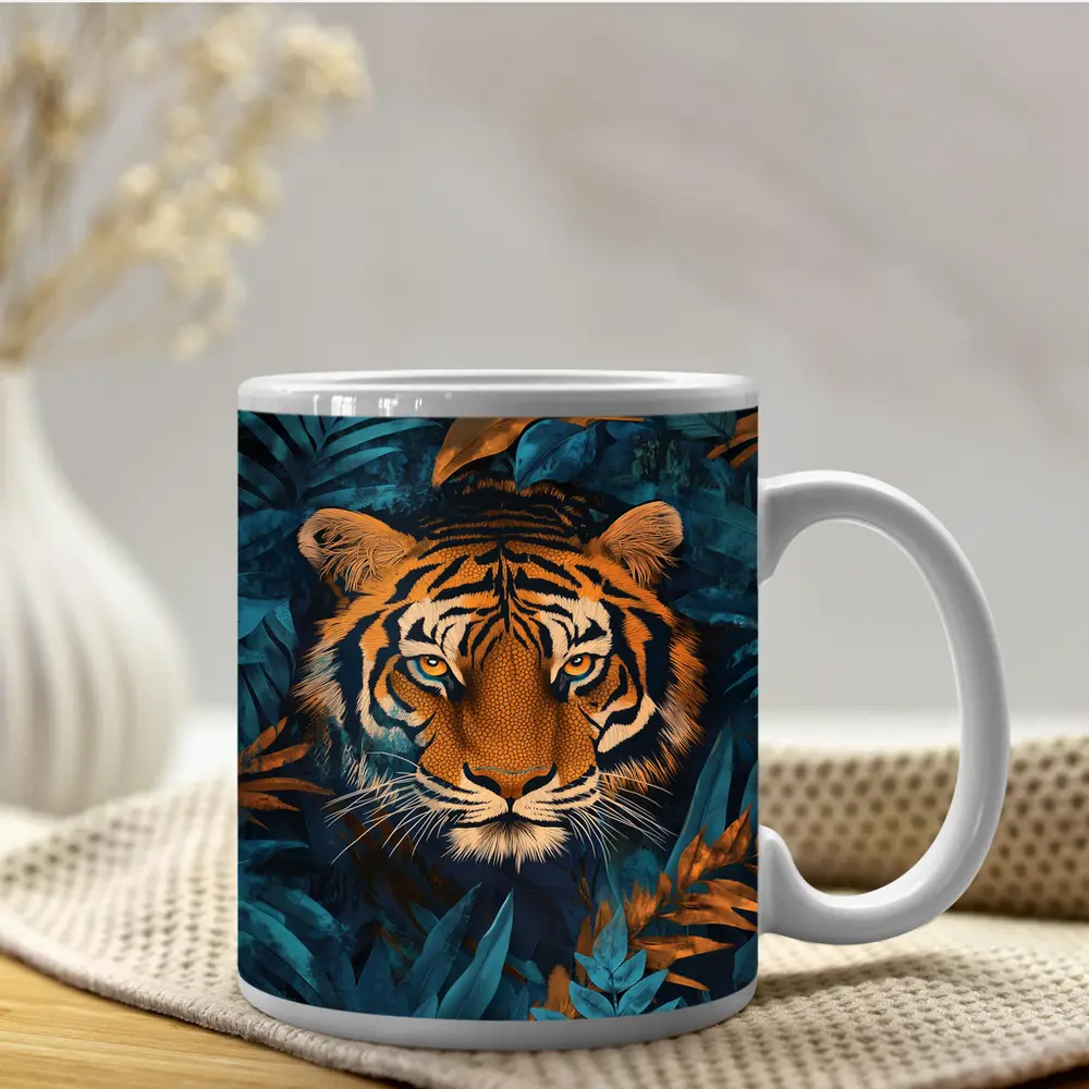 Tiger Face Deep Blue Jungle Foliage Art – Mugs