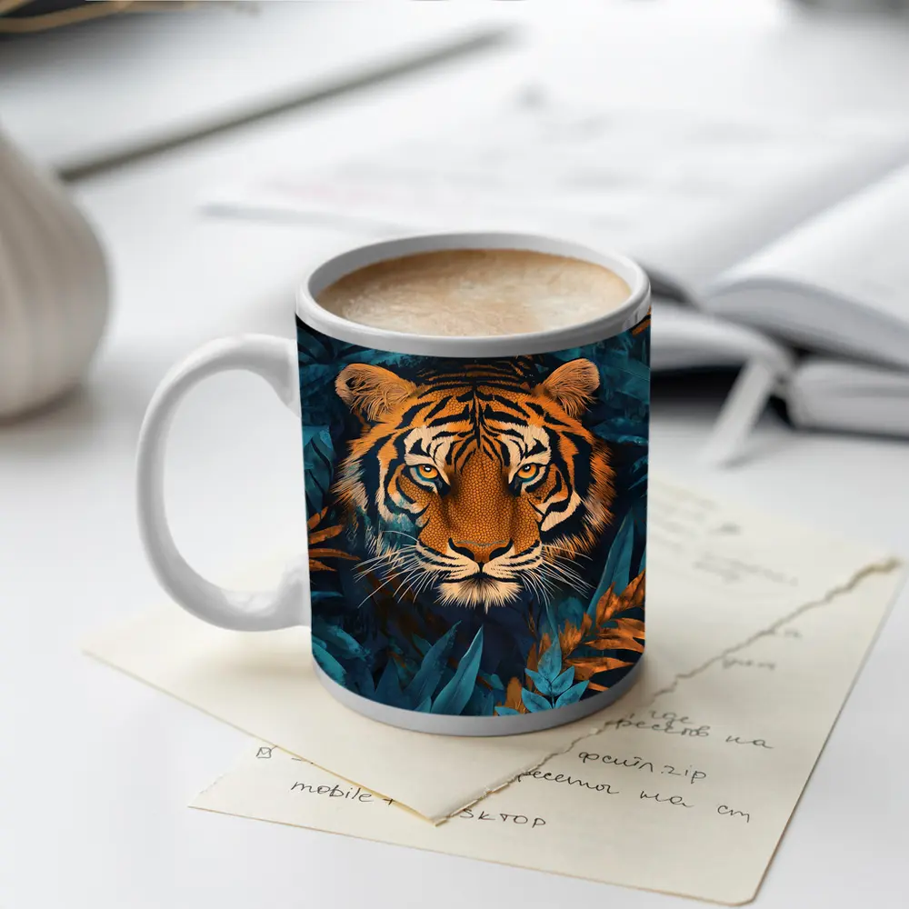 Tiger Face Deep Blue Jungle Foliage Art – Mugs