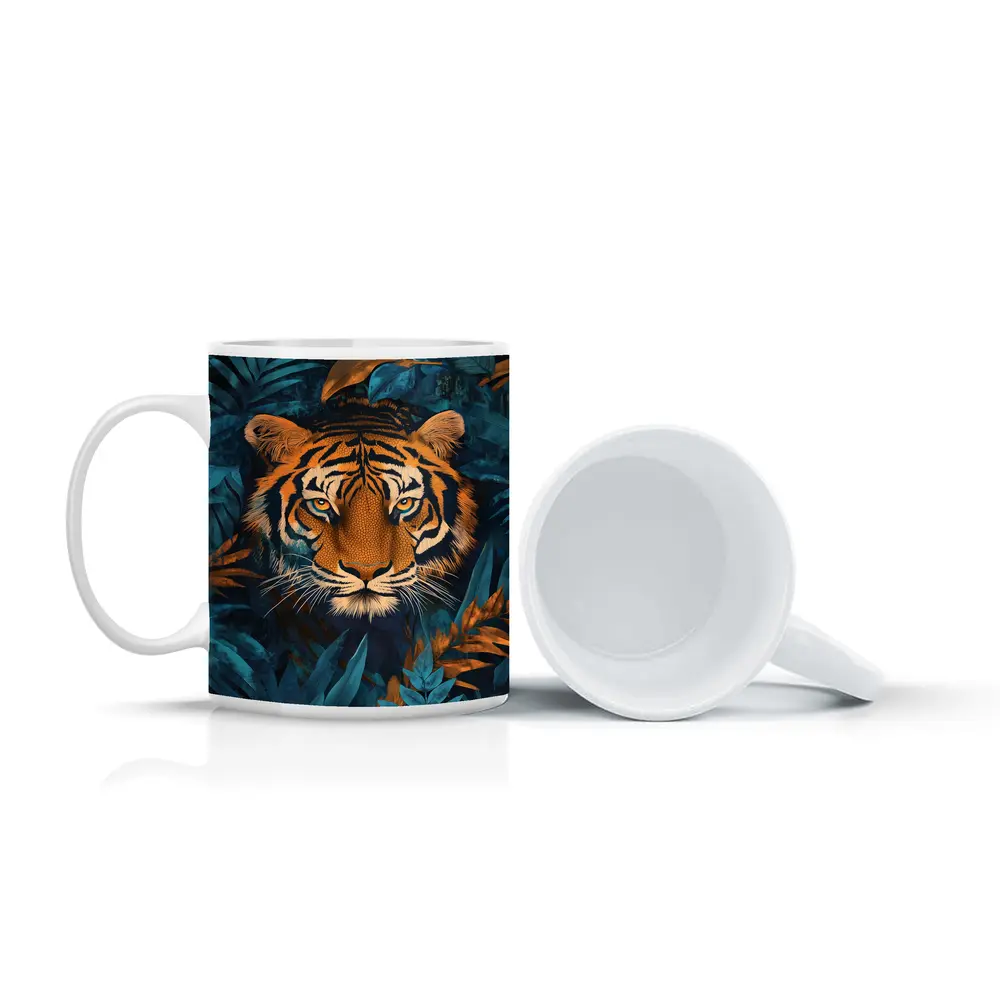 Tiger Face Deep Blue Jungle Foliage Art – Mugs