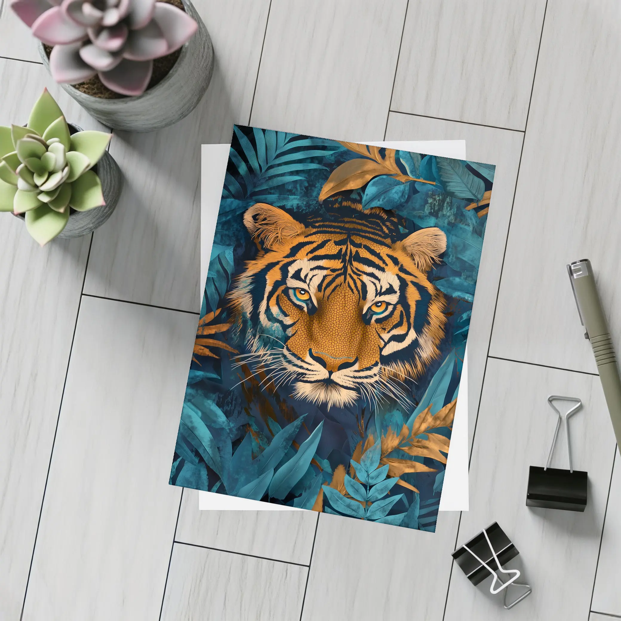 Tiger Face Deep Blue Jungle Foliage Art – Postcards