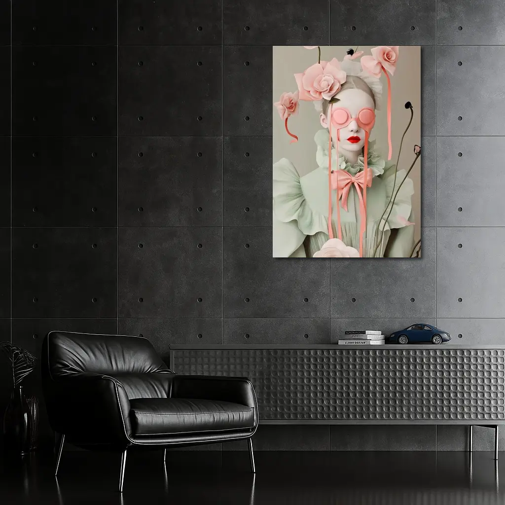 Surreal Woman Pink Roses Mint Fashion Portrait – Wall Art