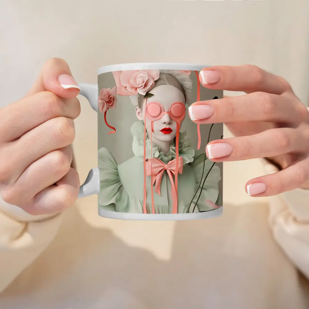 Surreal Woman Pink Roses Mint Fashion Portrait – Mugs
