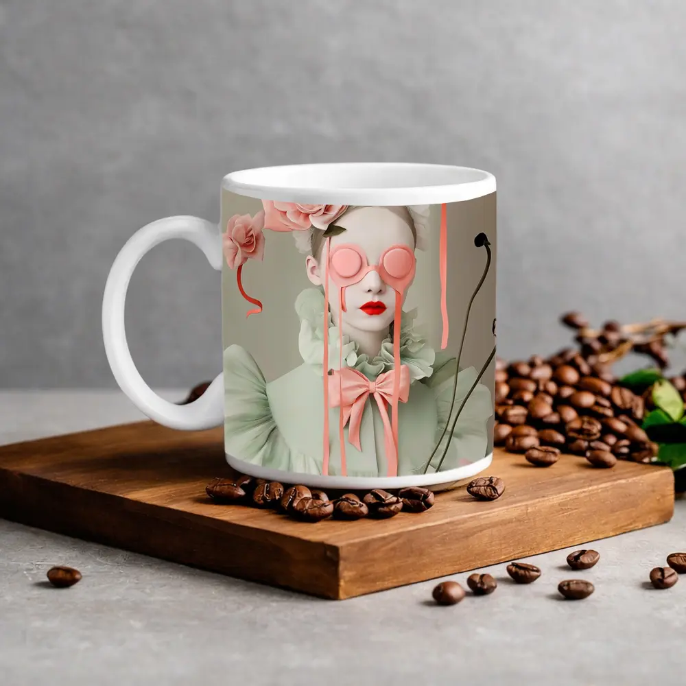 Surreal Woman Pink Roses Mint Fashion Portrait – Mugs