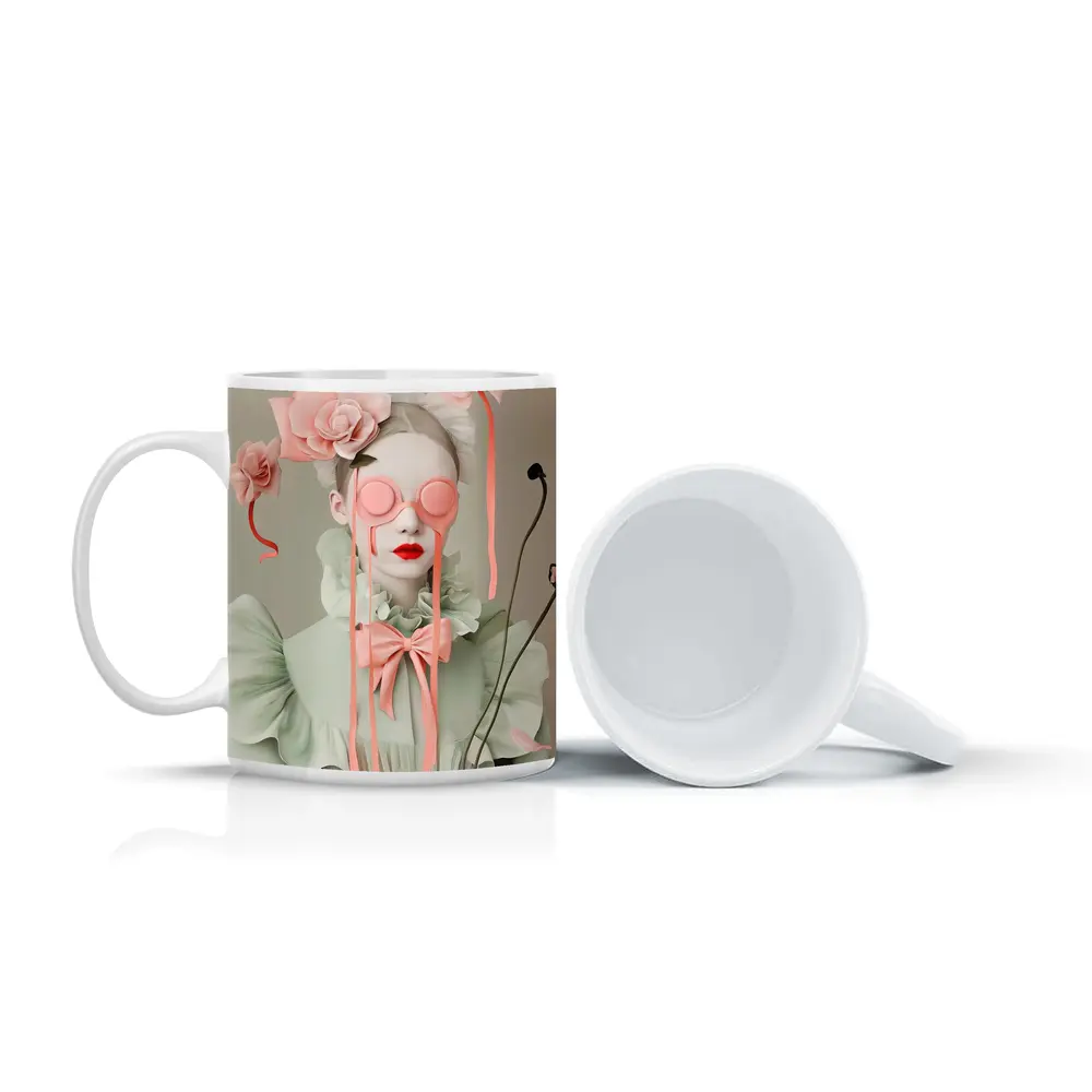 Surreal Woman Pink Roses Mint Fashion Portrait – Mugs