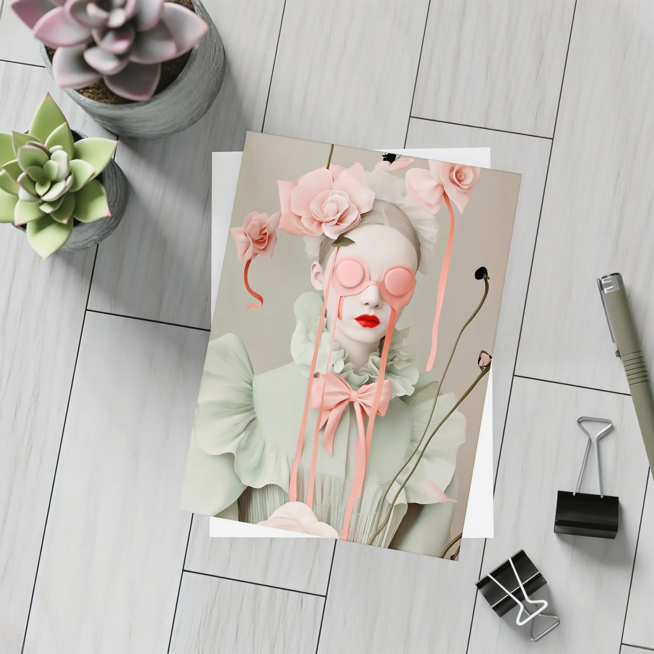 Surreal Woman Pink Roses Mint Fashion Portrait – Postcards