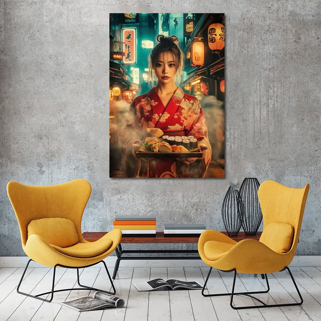 Japanese Woman Kimono Sushi Night Street – Wall Art