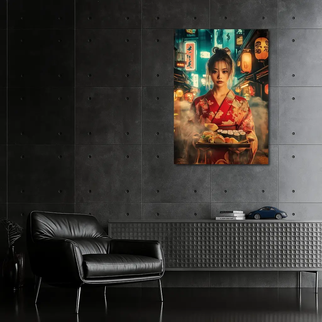 Japanese Woman Kimono Sushi Night Street – Wall Art