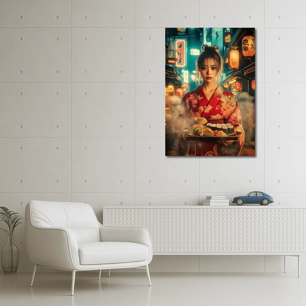 Japanese Woman Kimono Sushi Night Street – Wall Art