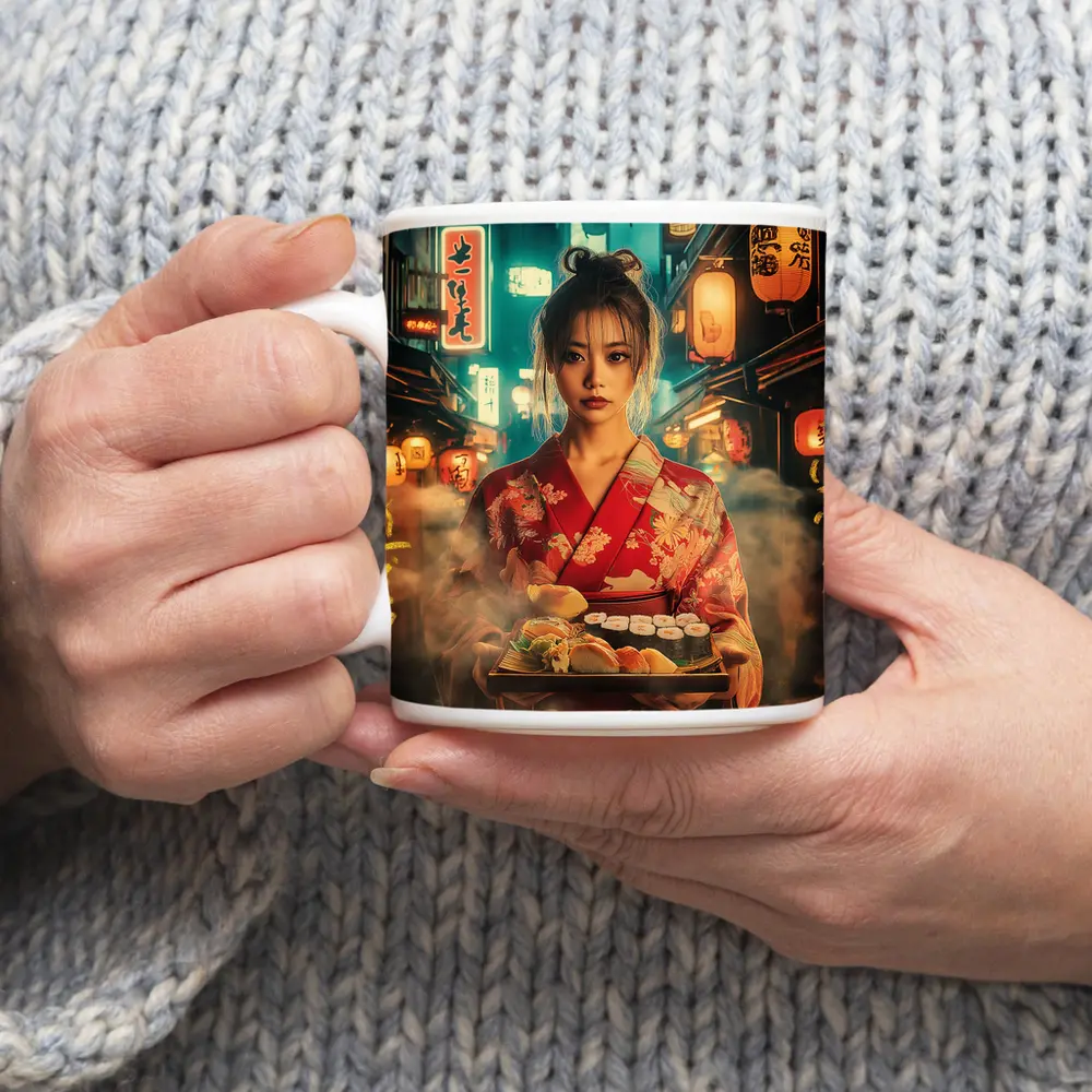 Japanese Woman Kimono Sushi Night Street – Mugs