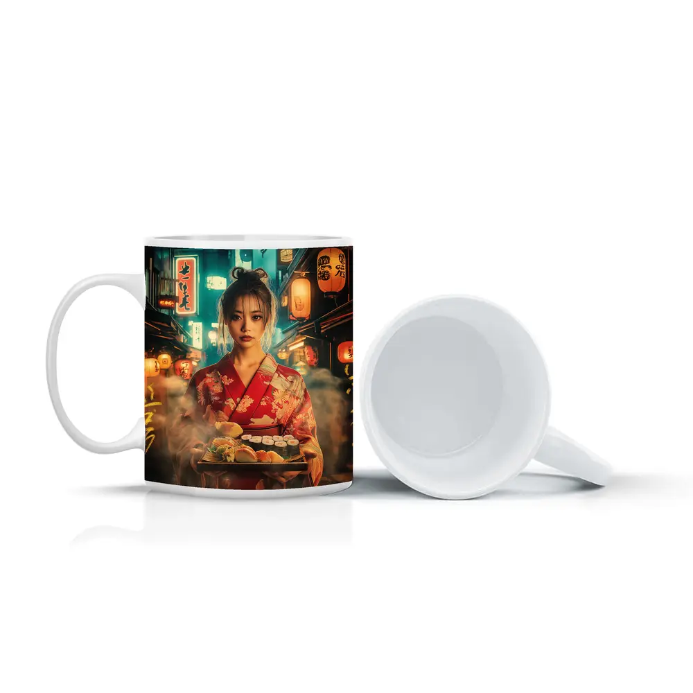 Japanese Woman Kimono Sushi Night Street – Mugs