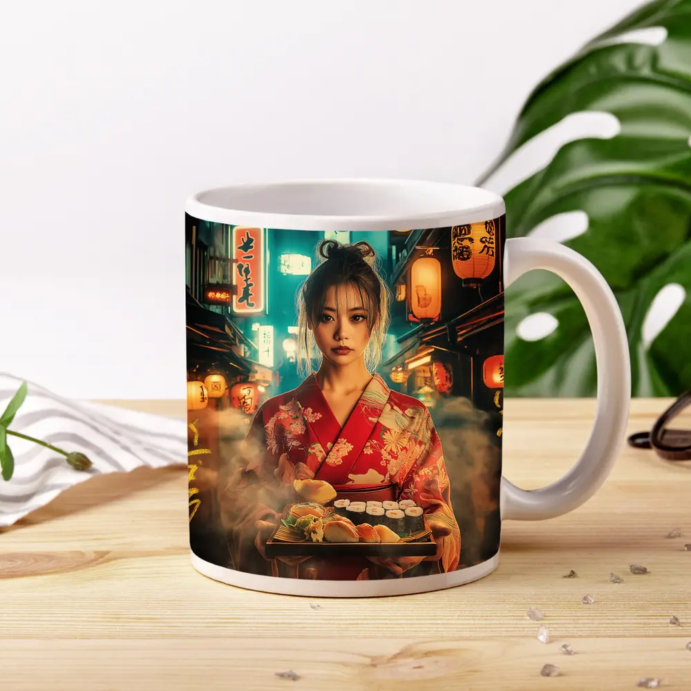 Japanese Woman Kimono Sushi Night Street – Mugs