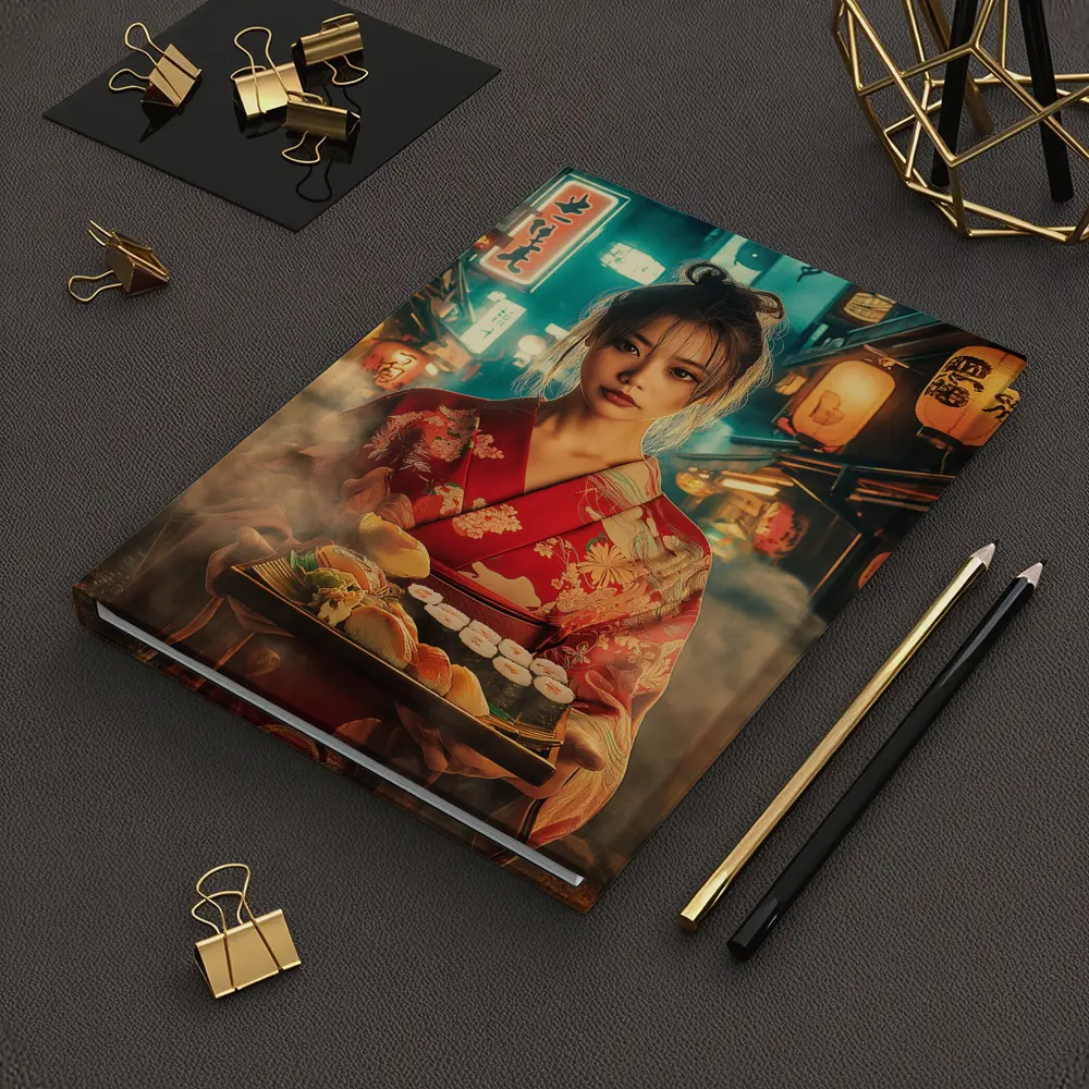 Japanese Woman Kimono Sushi Night Street – Notebooks