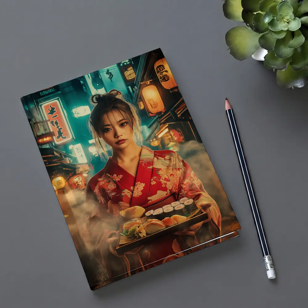 Japanese Woman Kimono Sushi Night Street – Notebooks