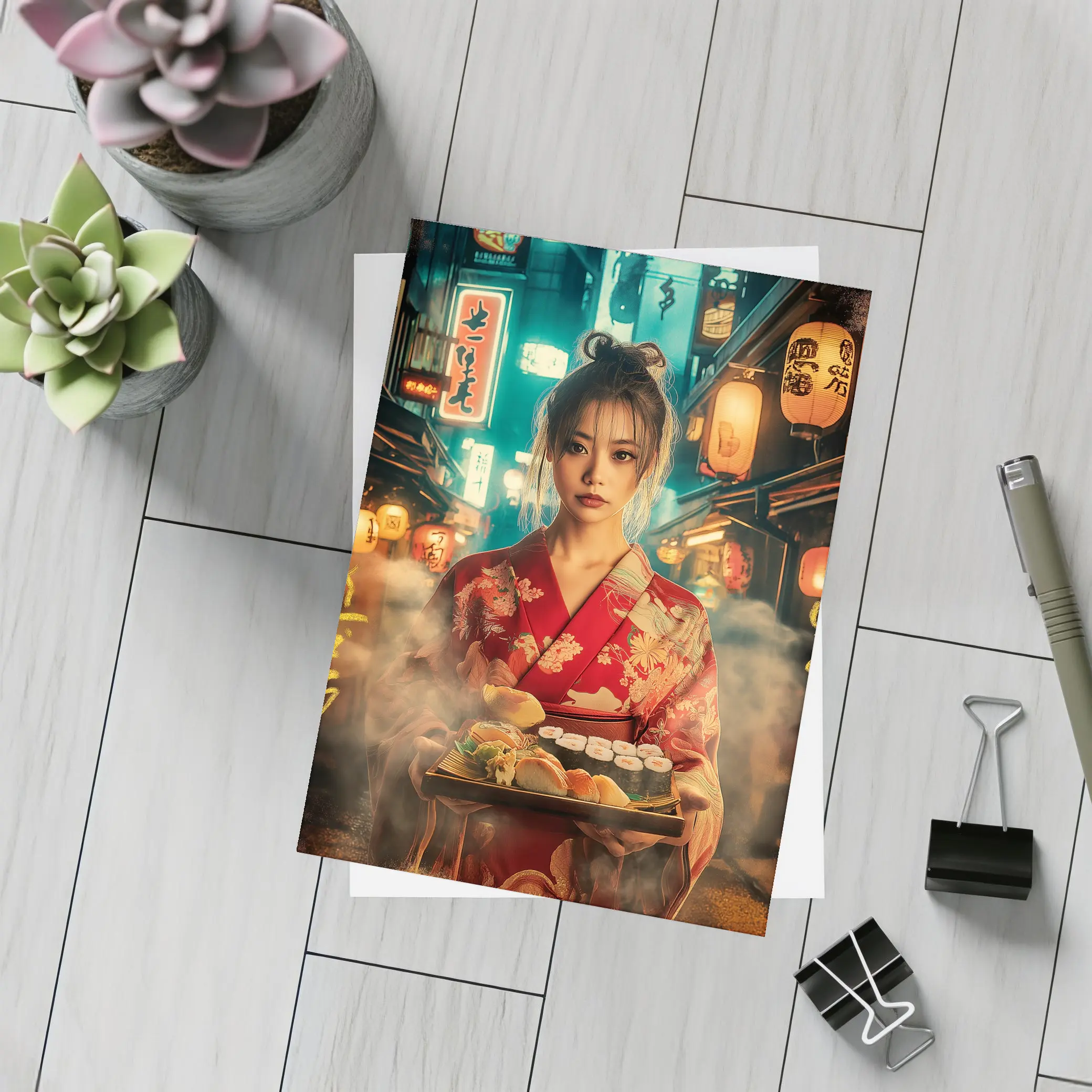 Japanese Woman Kimono Sushi Night Street – Postcards