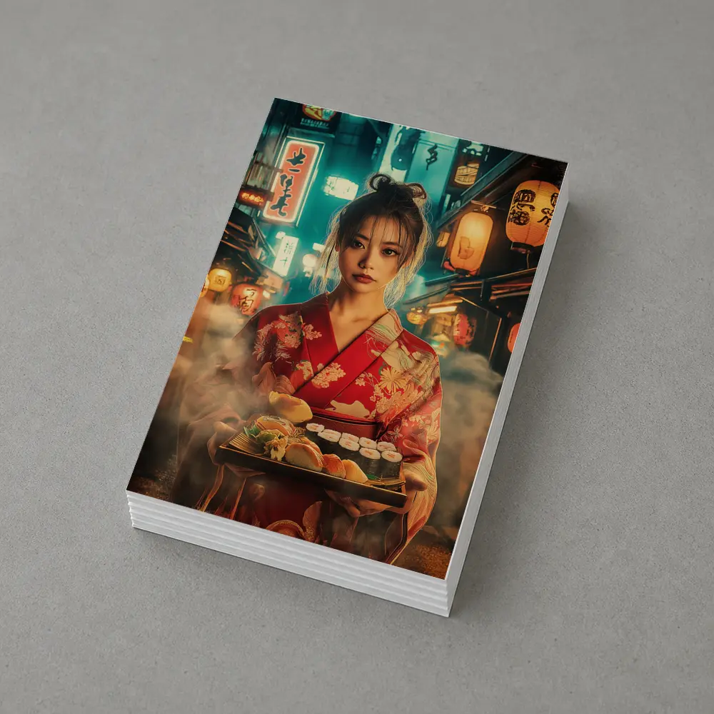 Japanese Woman Kimono Sushi Night Street – Postcards