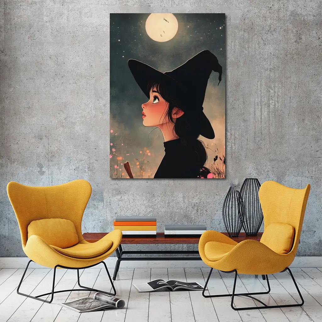 Anime Witch Girl Moonlit Night Sky – Wall Art