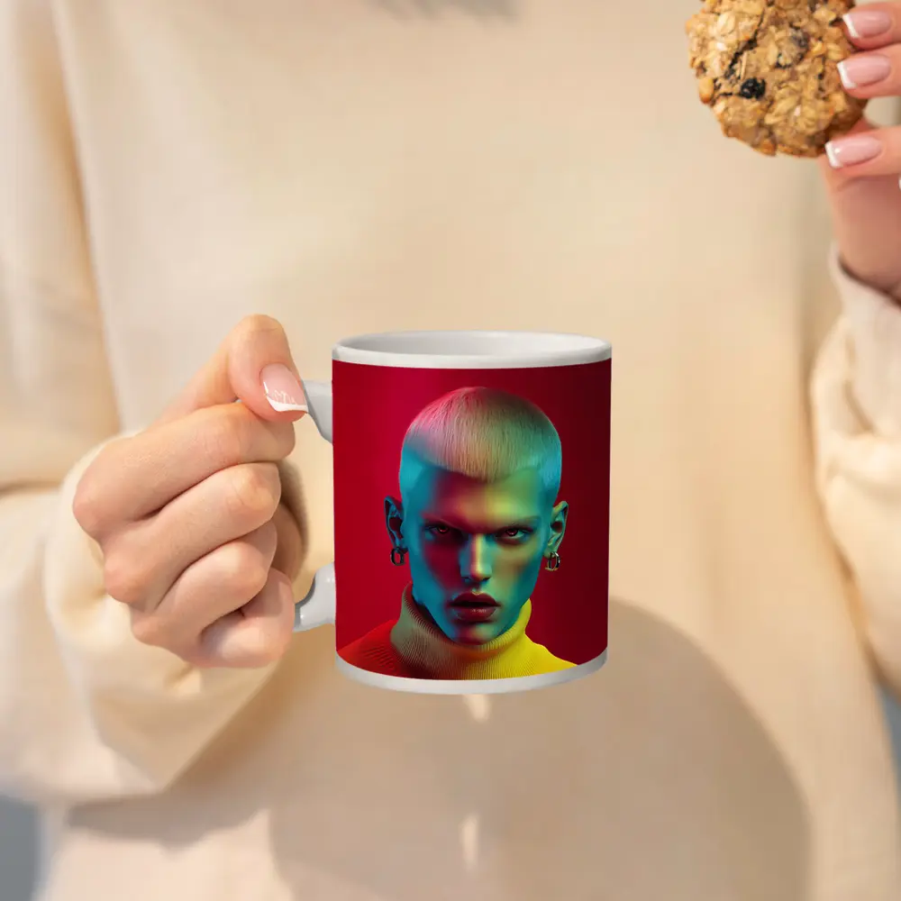 Neon Portrait Bold Fashion Red Background – Mugs