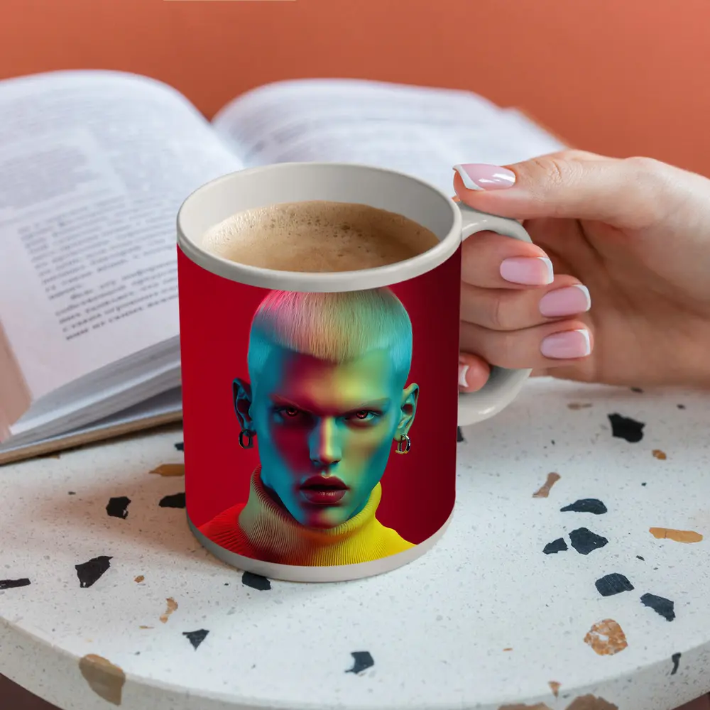 Neon Portrait Bold Fashion Red Background – Mugs
